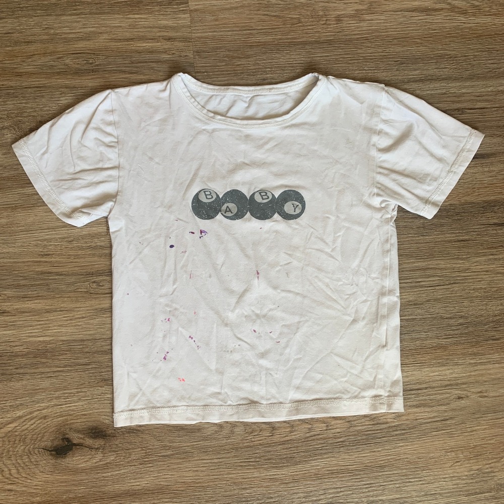 White Baby Tee Graphic Pool Ball BABY Print Short Sleeve Crop Top Splatter